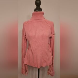 ​Vintage DKNY Jeans Pink Ribbed Turtleneck Sweater Side Lace Up Y2K size XL
